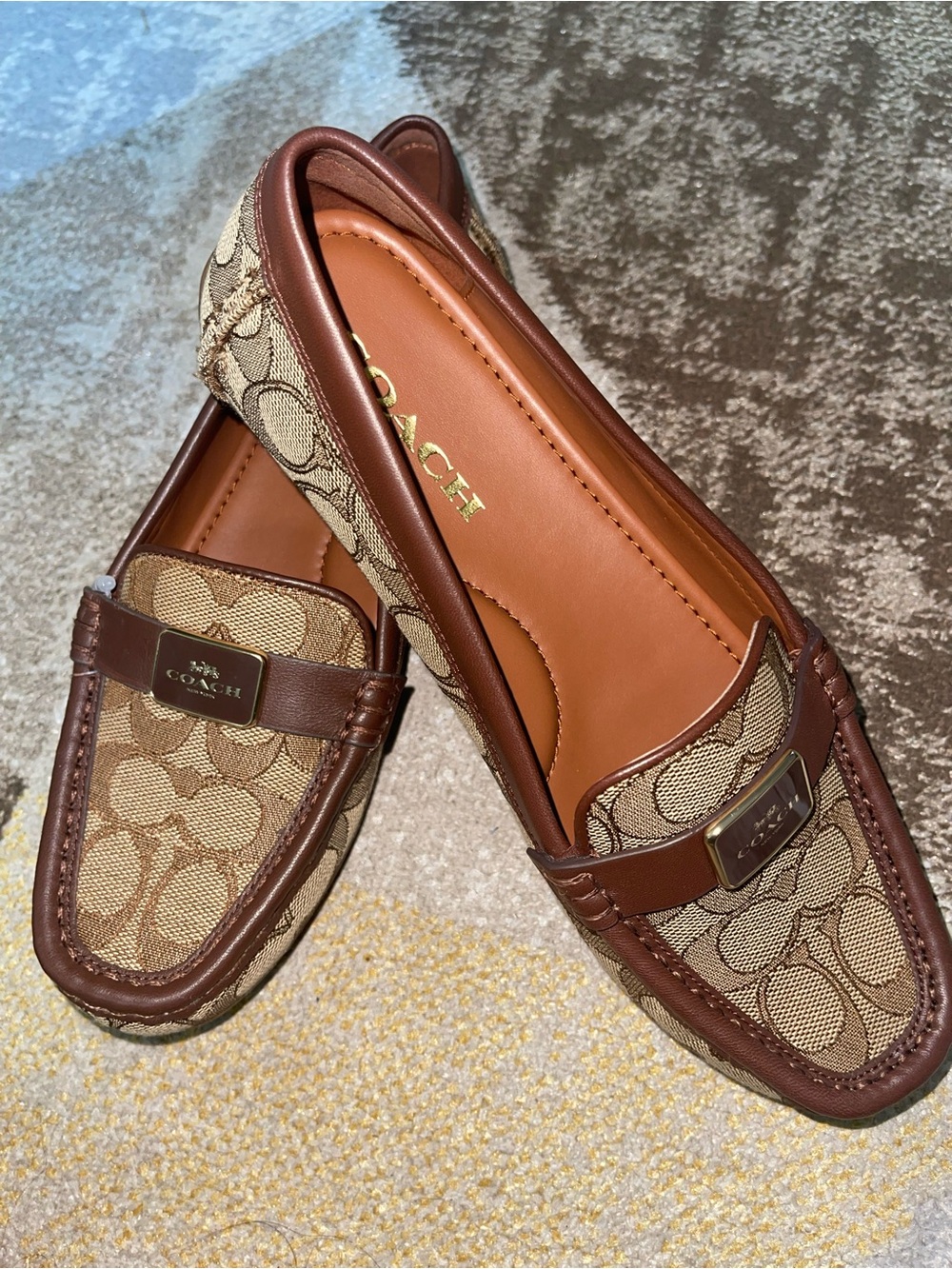 Coach Women's 7.5 B Mona Driver In Signature Jacquard Saddle / Walnut